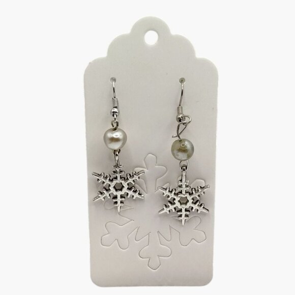 Snowflake Earrings Faux Pearl Dangle Silver Tone - Picture 1 of 4